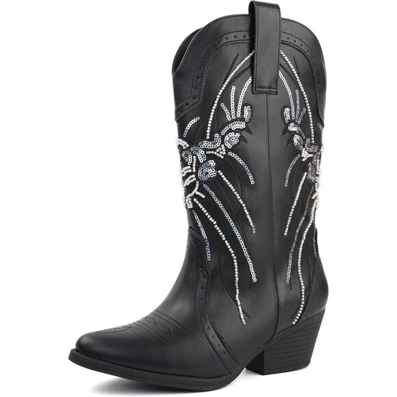Women's Black Mid Calf Western Pointed Toe Sequin Embroidered Chunky Heel Boots - Picture 5 of 6